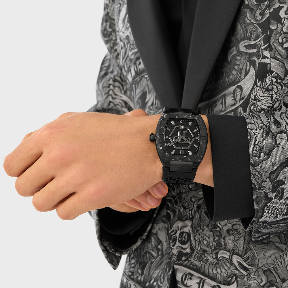 Philipp Plein The Hexagon PWPUA0624 Quartz Ιονισμένο Ανοξείδωτο ατσάλι Μαύρο καουτσούκ λουρί Μαύρο χρώμα καντράν