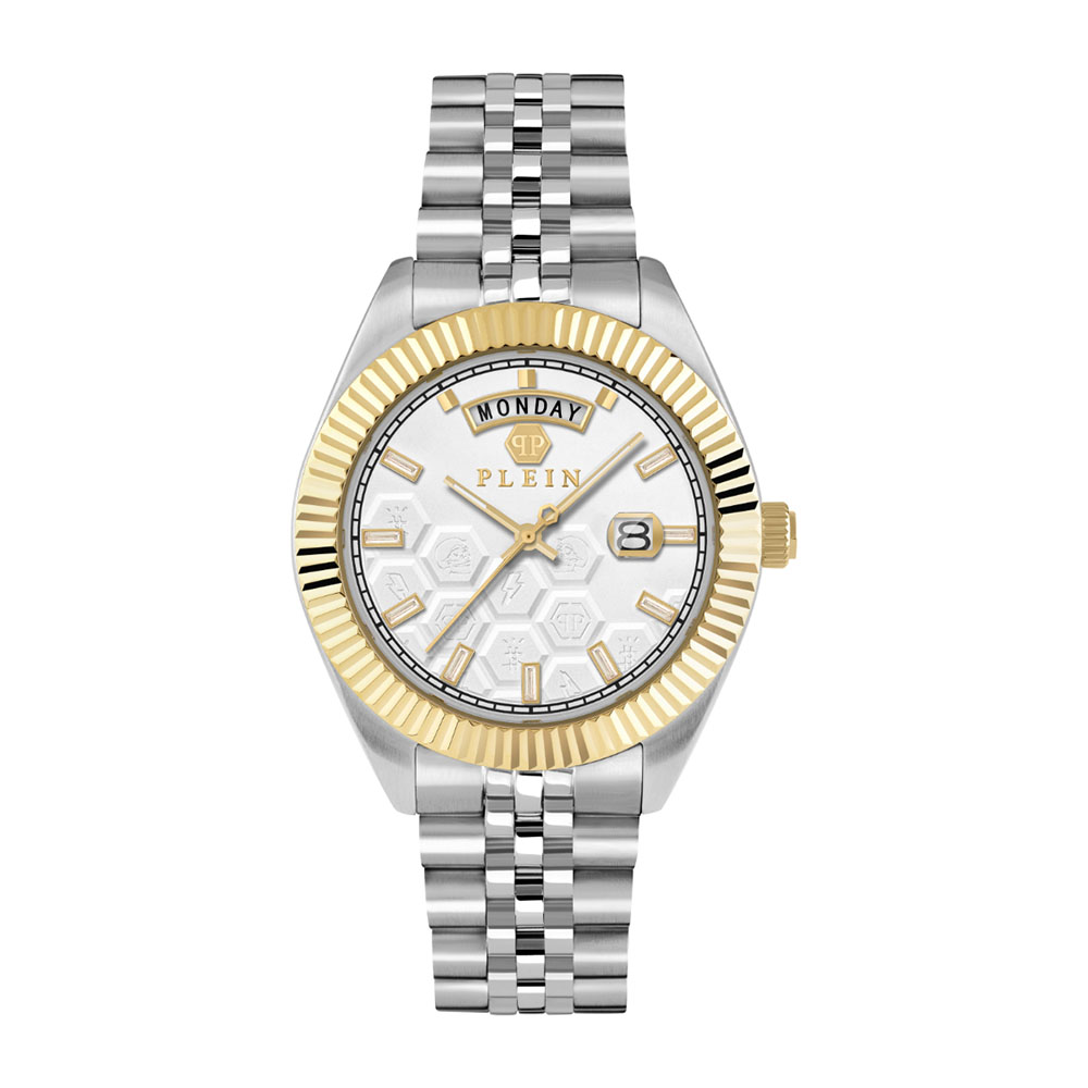 Philipp Plein Date Superlative Gent PWPVA0324 Quartz Ανοξείδωτο ατσάλι Μπρασελέ Λευκό χρώμα καντράν Επιχρυσωμένη στεφάνη