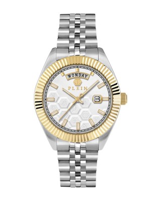 Philipp Plein Date Superlative Gent PWPVA0324 Quartz Ανοξείδωτο ατσάλι Μπρασελέ Λευκό χρώμα καντράν Επιχρυσωμένη στεφάνη