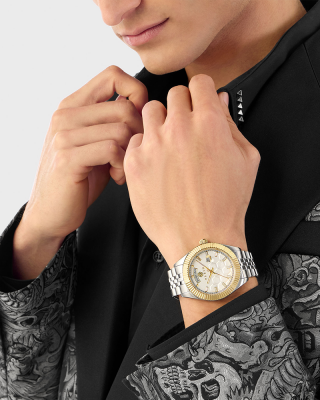 Philipp Plein Date Superlative Gent PWPVA0324 Quartz Ανοξείδωτο ατσάλι Μπρασελέ Λευκό χρώμα καντράν Επιχρυσωμένη στεφάνη
