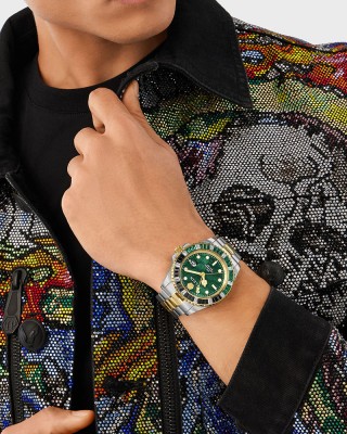 Philipp Plein Gmt-1 Challenger Baguettes PWPZA0224 Quartz Ανοξείδωτο ατσάλι Διμεταλλικό Μπρασελέ Πράσινο χρώμα καντράν Κρυσταλλά