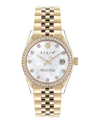 Philipp Plein Superlative PWYAA0323 Quartz Επιχρυσωμένο ανοξείδωτο ατσάλι Μπρασελέ Λευκό φίλντισι καντράν Κρύσταλλα