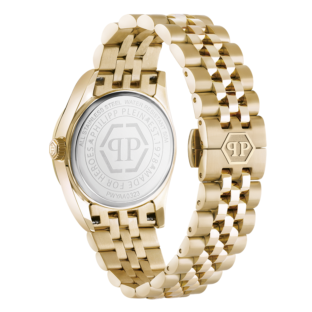 Philipp Plein Superlative PWYAA0323 Quartz Επιχρυσωμένο ανοξείδωτο ατσάλι Μπρασελέ Λευκό φίλντισι καντράν Κρύσταλλα