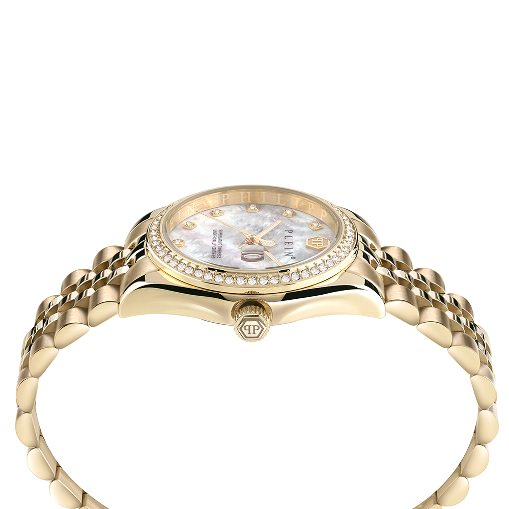 Philipp Plein Superlative PWYAA0323 Quartz Επιχρυσωμένο ανοξείδωτο ατσάλι Μπρασελέ Λευκό φίλντισι καντράν Κρύσταλλα