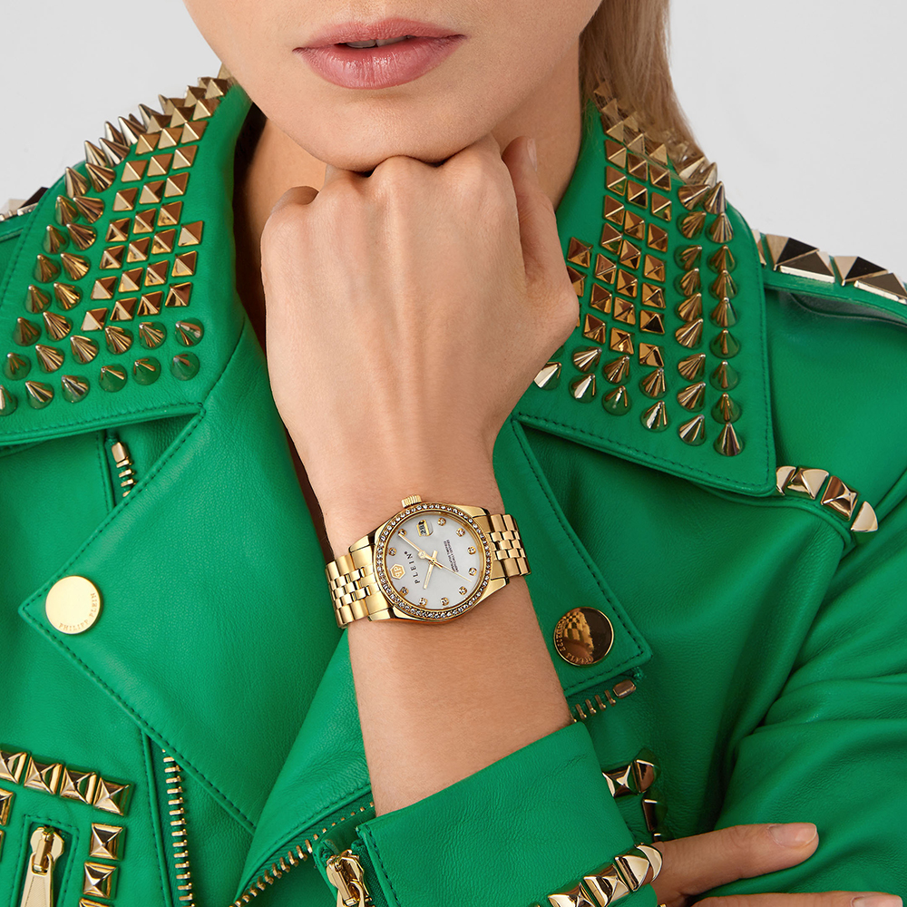Philipp Plein Superlative PWYAA0323 Quartz Επιχρυσωμένο ανοξείδωτο ατσάλι Μπρασελέ Λευκό φίλντισι καντράν Κρύσταλλα