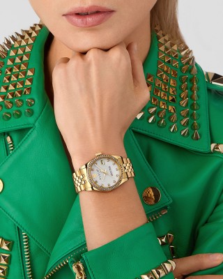 Philipp Plein Superlative PWYAA0323 Quartz Επιχρυσωμένο ανοξείδωτο ατσάλι Μπρασελέ Λευκό φίλντισι καντράν Κρύσταλλα