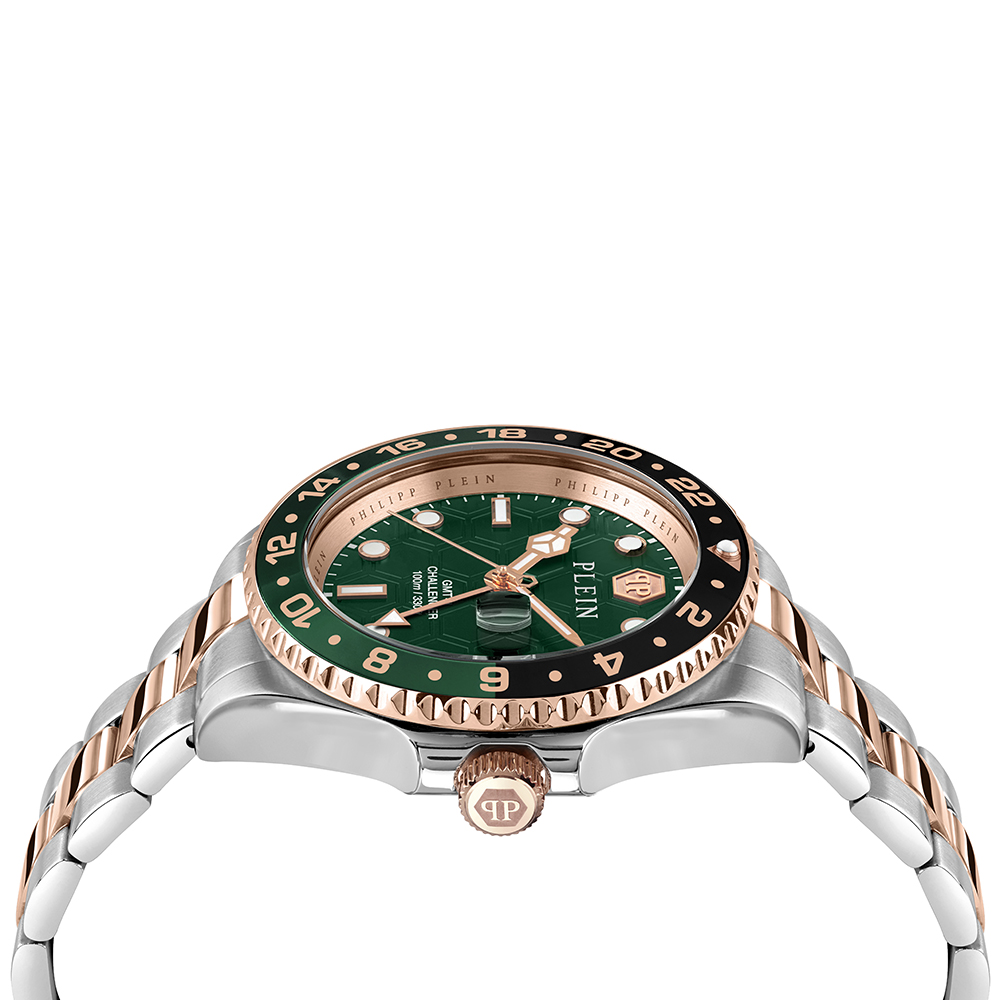 Philipp Plein Challenger PWYBA0623 Quartz Ανοξείδωτο ατσάλι Διμεταλλικό μπρασελέ Πράσινο χρώμα καντράν Περιστρεφόμενη στεφάνη