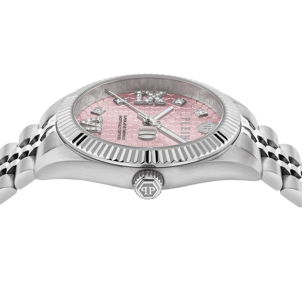 Philipp Plein Date Superlative PWYFA0125 Three Hands Ανοξείδωτο ατσάλι Μπρασελέ Ροζ χρώμα καντράν Κρύσταλλα