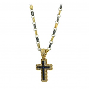 Bicolor cross with chain, made of 925 sterling silve Plated with yellow and white gold Code C246