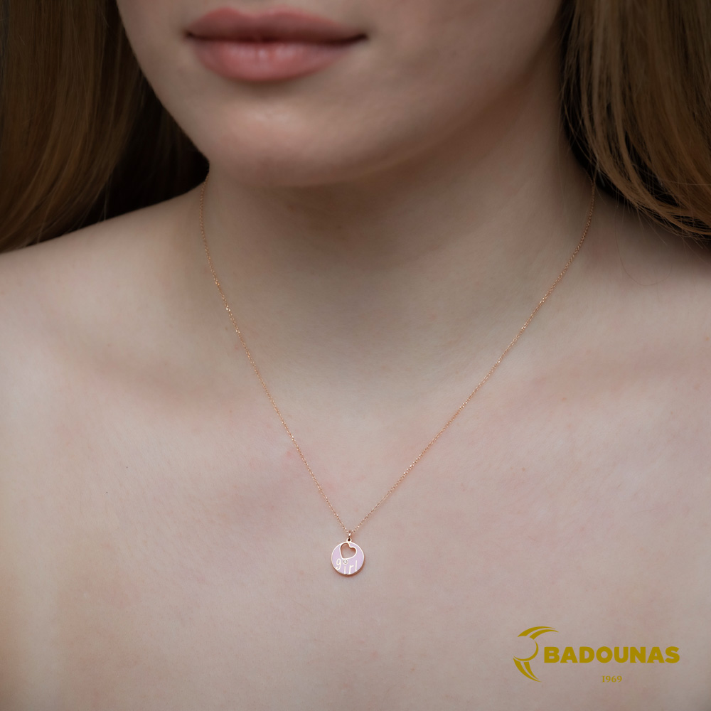 Κολιέ Καρδία Ροζ χρυσός Κ14 με διαμάντι και κεραμικό Κωδικός 004233