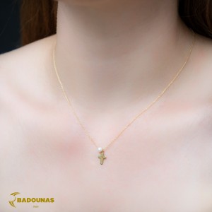 Cross with chain, Yellow gold K14 and pearl Code 005186