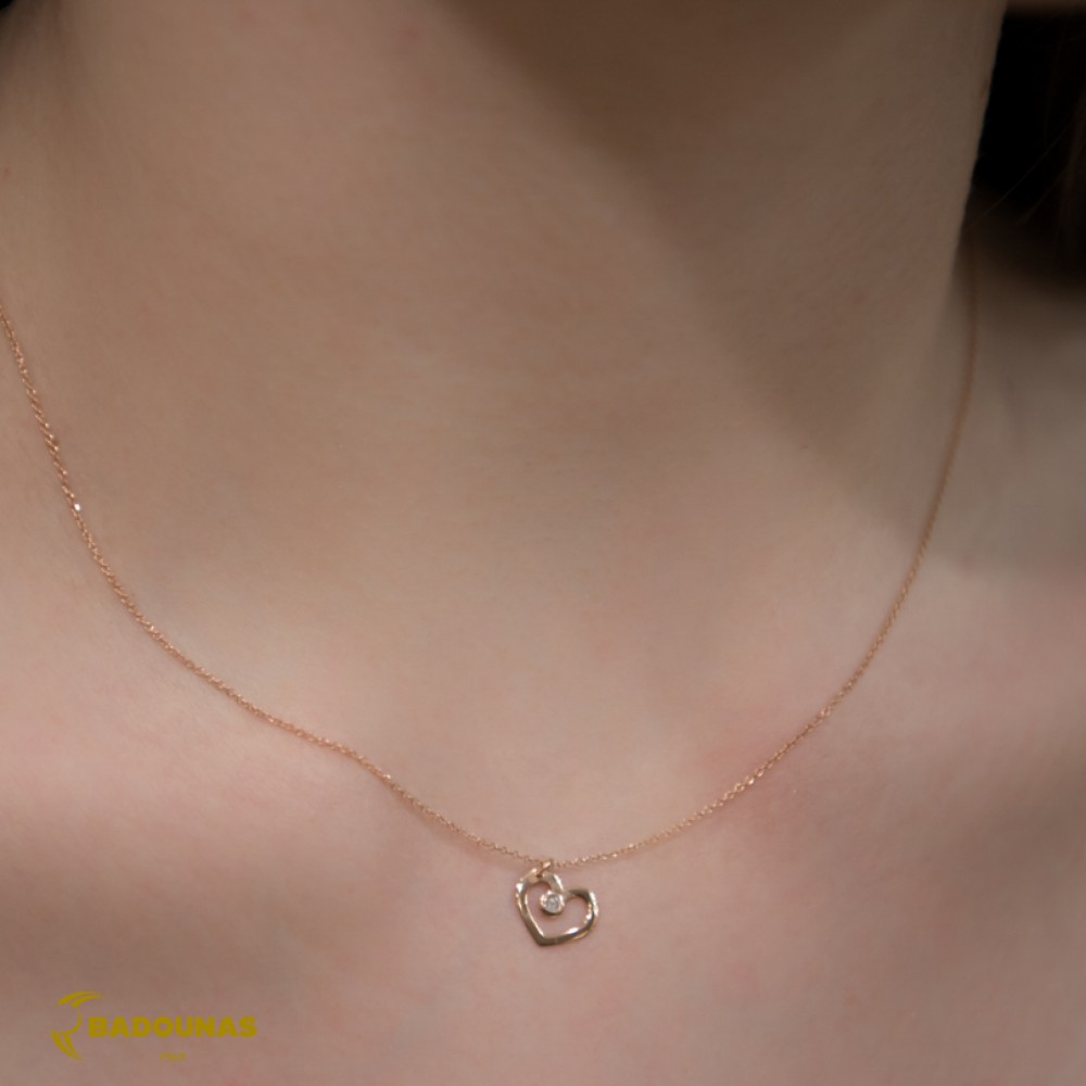 Κολιέ Καρδιά Ροζ χρυσός Κ14 με διαμάντι Κωδικός 006025 