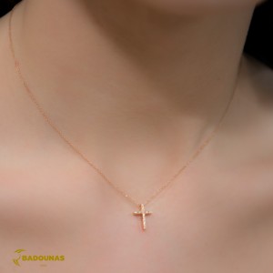 Cross with chain Pink gold K18 and diamond Brilliant cut Code 006180 