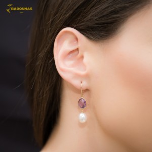 Earrings Yellow gold K14 with pearls and Amethyst Code 006467 