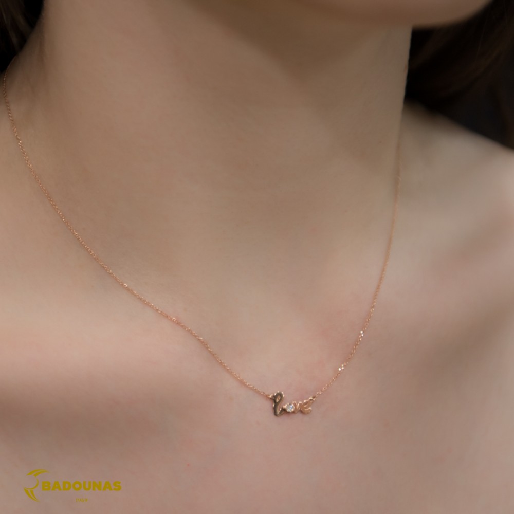 Κολιέ Love Ροζ χρυσός Κ14 με διαμάντια Κωδικός 006571 