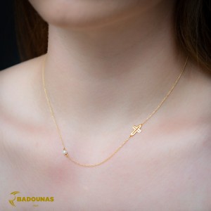 Cross with chain, Yellow gold K14 and pearl Code 007565