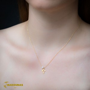 Σταυρός με αλυσίδα, Κίτρινος χρυσός Κ14 με μαργαριτάρι Κωδικός 007566