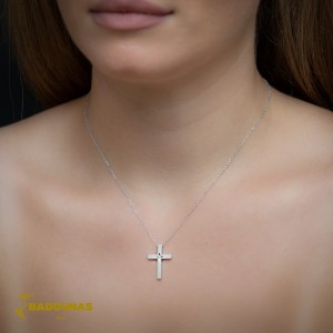 Woman's cross pendant with chain, White gold K14 with diamond Code 008453