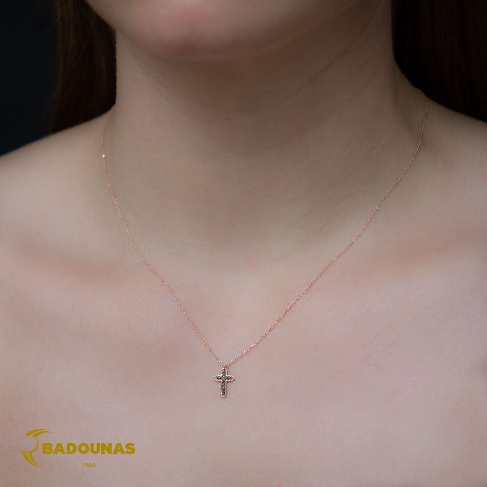 Σταυρός με αλυσίδα, Ροζ χρυσός Κ14 με Μαύρα διαμάντια σε κοπή Brilliant Κωδικός 008477