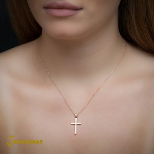 Woman's cross pendant with double chain, Pink gold K14 with diamonds Code 009007