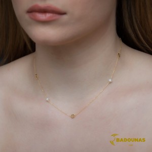 Necklace Crown Petal Cross Yellow gold K14 with pearls Code 009308
