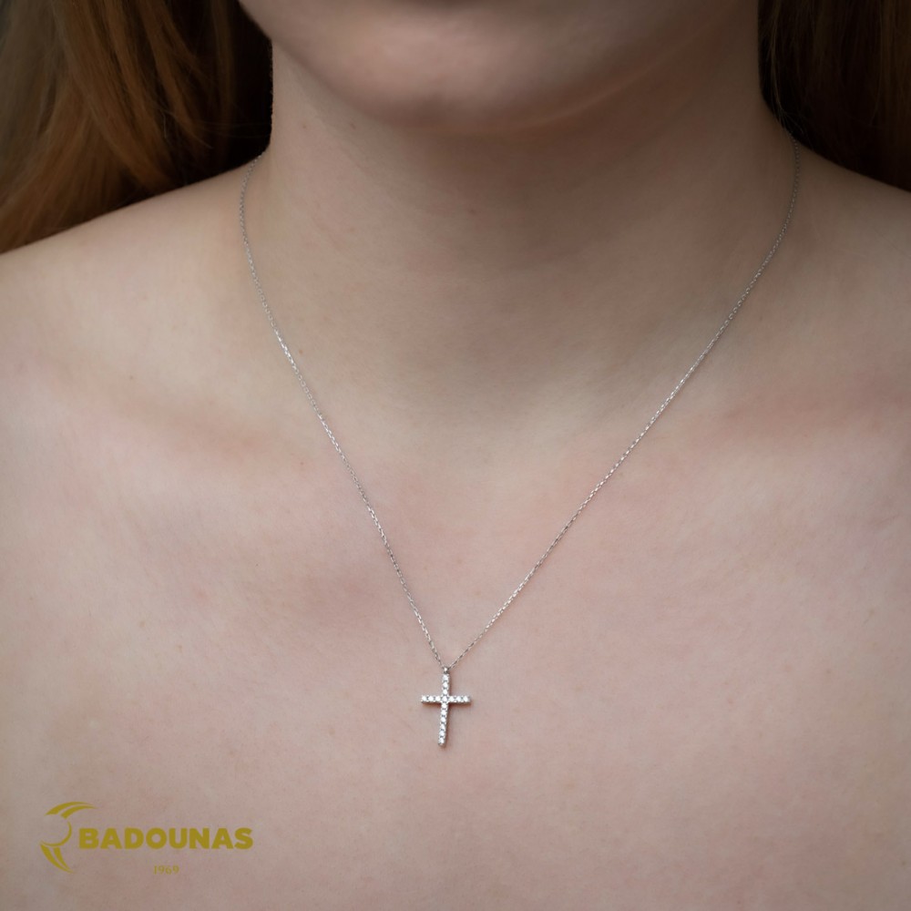 Σταυρός σειρέ με αλυσίδα, Λευκός χρυσός Κ14 με ημιπολύτιμες πέτρες Κωδικός 011838