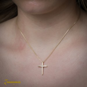 Woman's cross pendant with chain, Yellow gold K14 with semiprecious crystals Code 012423