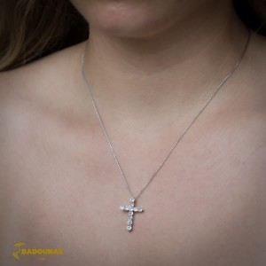 Woman's cross pendant with chain, White gold K14 with semiprecious crystals Code 012505