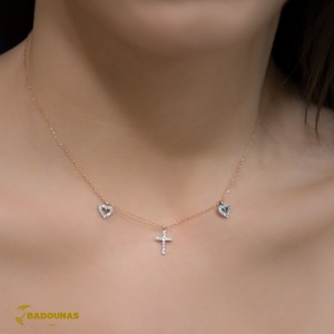 Κολιέ Καρδιές Ροζ και λευκός χρυσός Κ14 με ημιπολύτιμες πέτρες Κωδικός 002513
