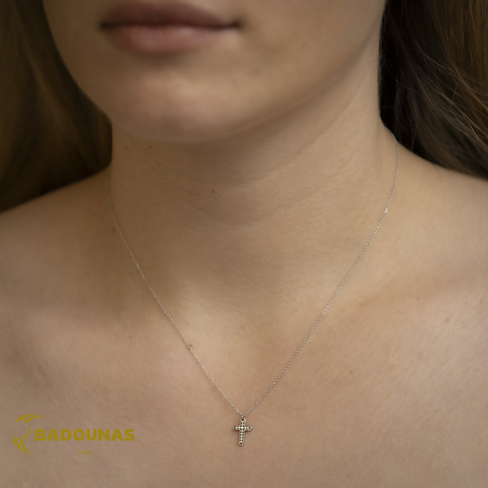 Σταυρός με αλυσίδα, Λευκός χρυσός Κ14 με Διαμάντια με κοπή Brilliant Κωδικός 007310