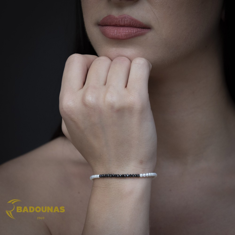 Βραχιόλι Κίτρινος χρυσός K14 με μαργαριτάρια και μαύρα διαμάντια Κωδικός 016093