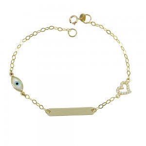 Bracelet for baby girl Heart and eye motif  Yellow gold K14 with semiprecious crystals Code 009540