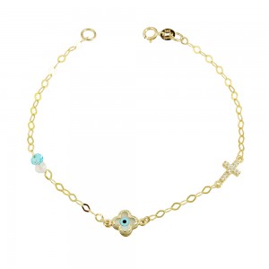 Bracelet for baby Cross and eye motif Yellow gold K9 with semiprecious crystals Code 011523