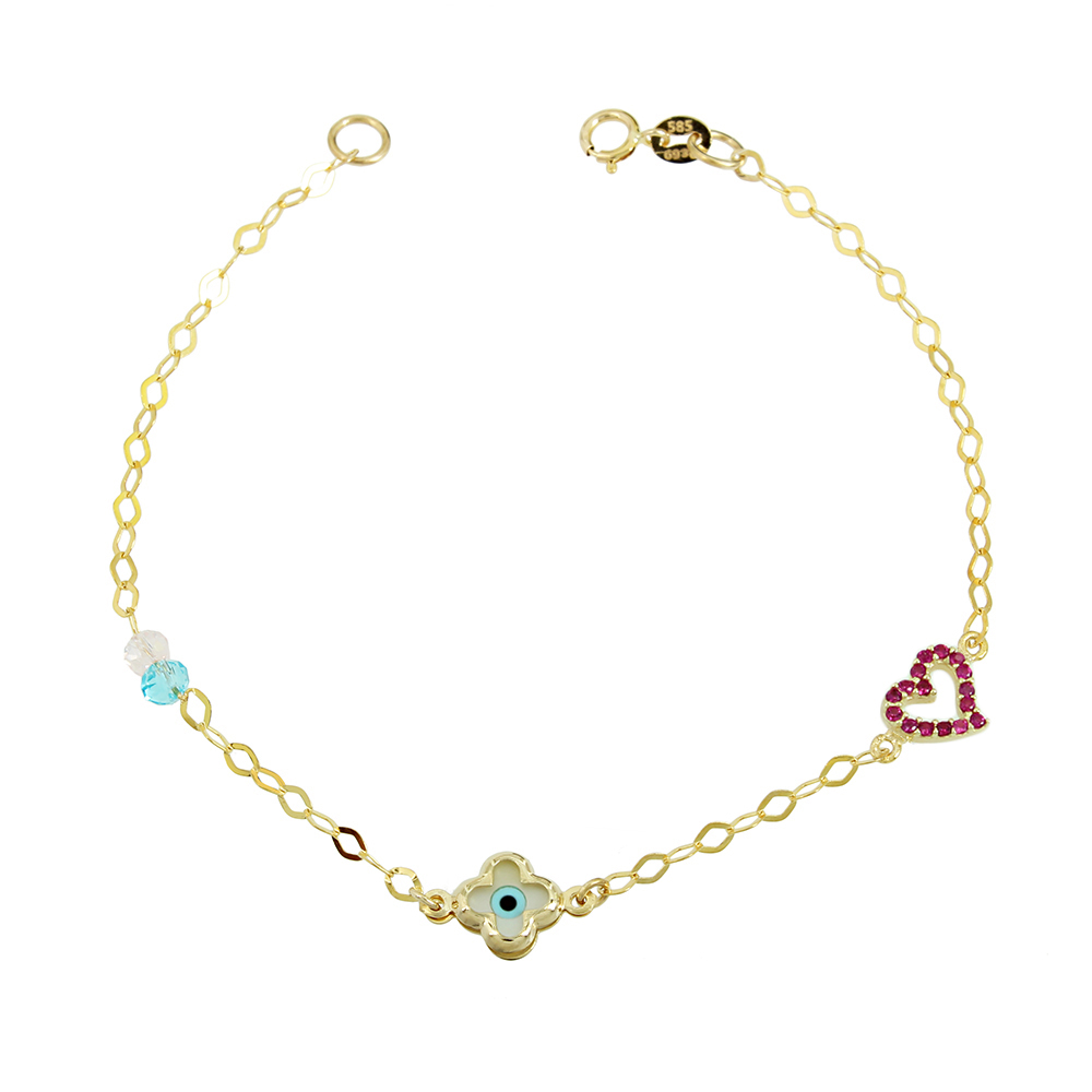 Bracelet for baby Heart and eye motif Yellow gold K9 with semiprecious crystals Code 011524