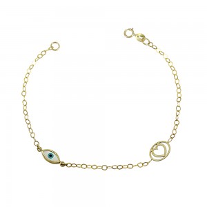 Bracelet for baby girl Heart and eye motif Yellow gold K9 Code 013582
