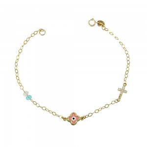 Bracelet for baby Cross and eye motif Yellow gold K9 with semiprecious crystals Code 013584