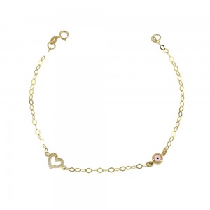 Bracelet for baby Heart and eye motif Yellow gold K9 with semiprecious crystals and eye motif Code 013585