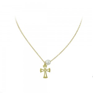 Cross with chain, Yellow gold K14 and pearl Code 005399
