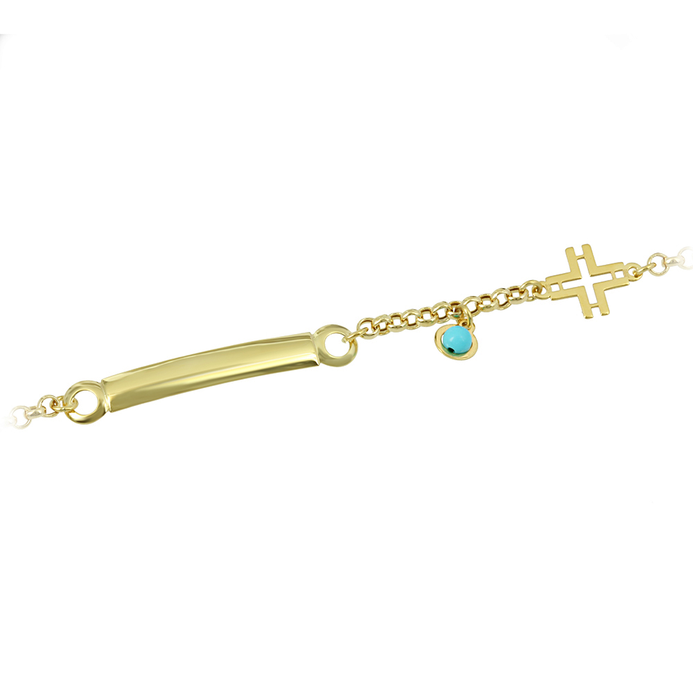 Παιδική Ταυτότητα Σταυρός Κίτρινος χρυσός K14 με τιρκουάζ Κωδικός 006371