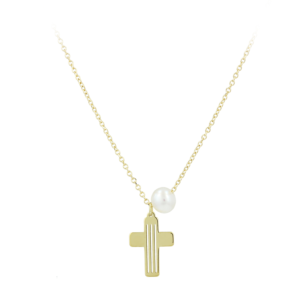 Σταυρός με αλυσίδα, Κίτρινος χρυσός Κ14 με μαργαριτάρι Κωδικός 007564