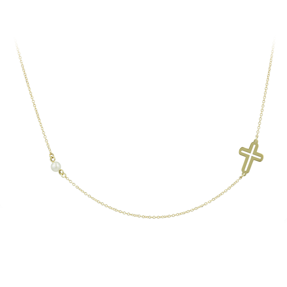Σταυρός με αλυσίδα, Κίτρινος χρυσός  Κ14 με μαργαριτάρι Κωδικός 007565