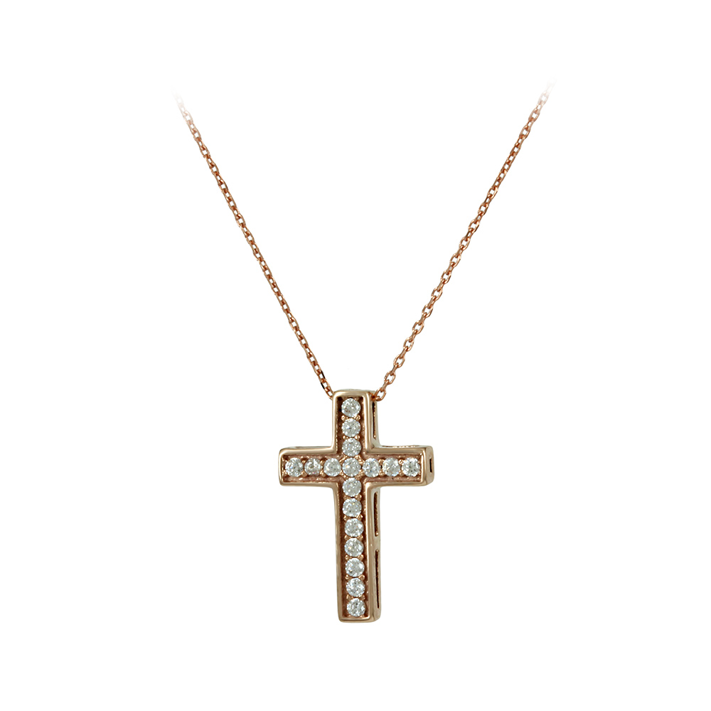 Σταυρός σειρέ με αλυσίδα, Ροζ χρυσός Κ14 με ημιπολύτιμες πέτρες και σμάλτο Κωδικός 007945
