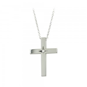 Woman's cross pendant with chain, White gold K14 with diamond Code 008453