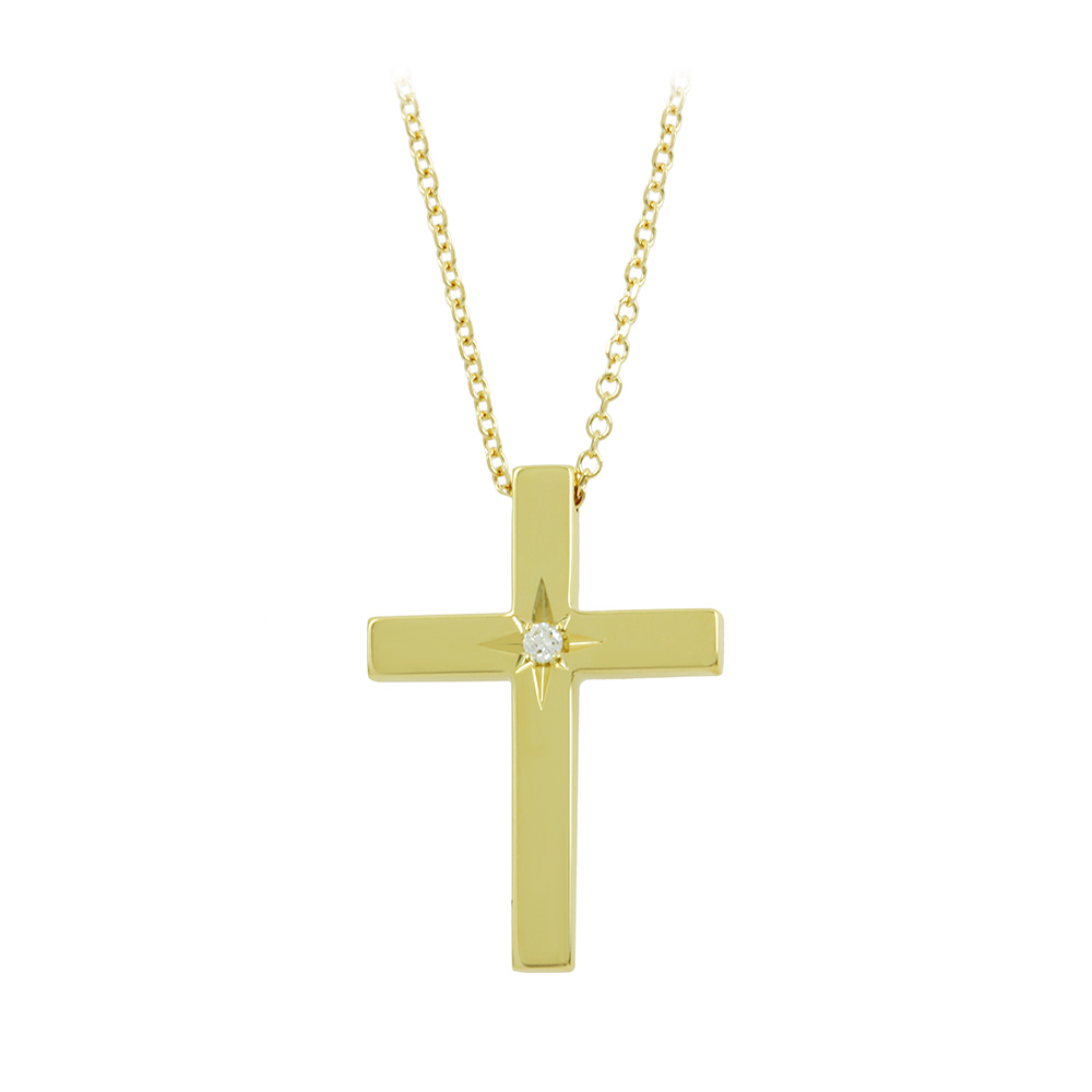 Γυναικείος σταυρός με αλυσίδα, Κίτρινος χρυσός Κ14 με διαμάντι Κωδικός 008456