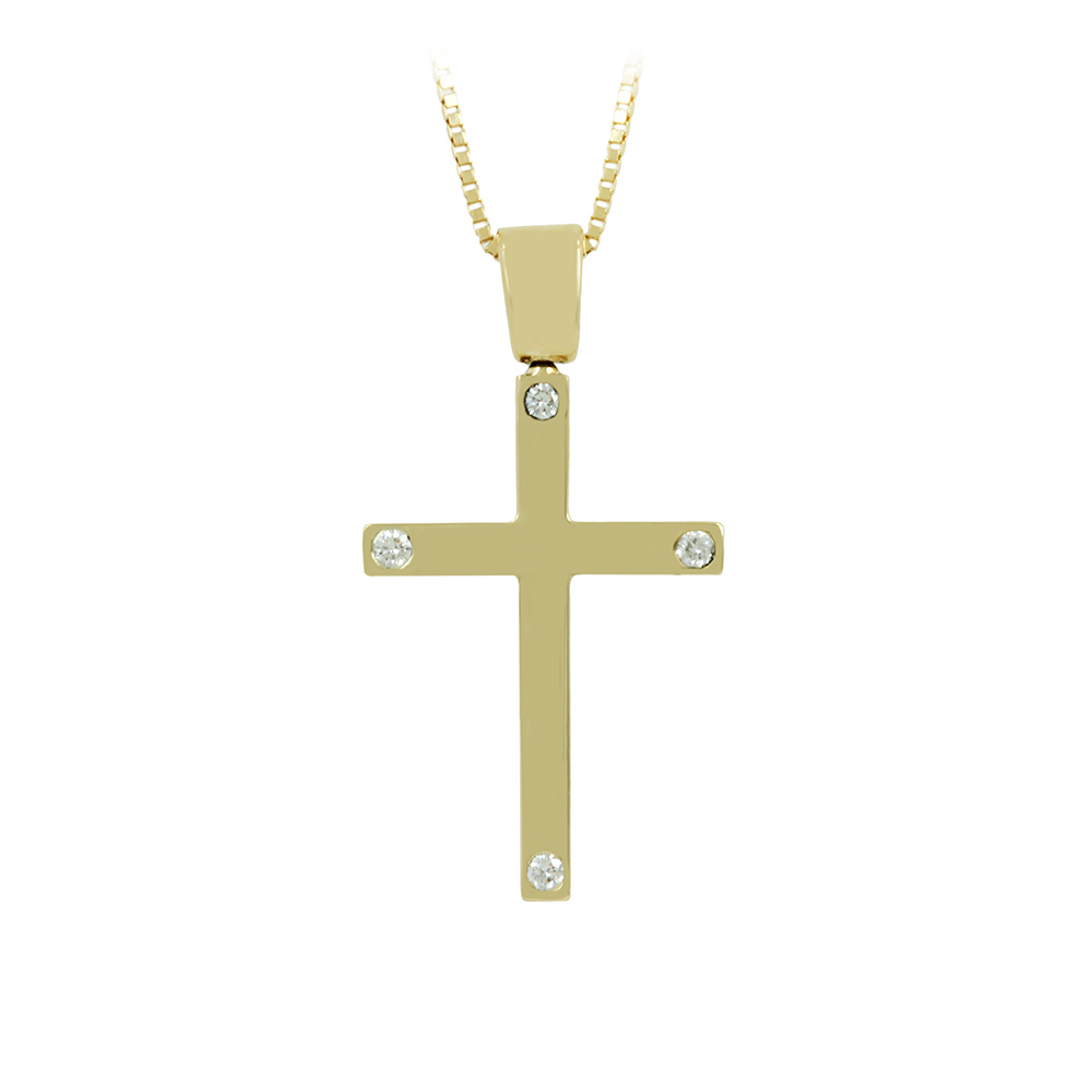 Woman's cross pendant with double chain, Yellow gold K14 with diamonds Code 009004