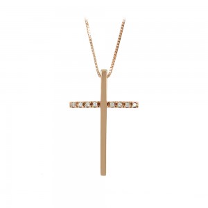 Woman's cross pendant with chain, Pink gold K14 with diamonds Code 009005