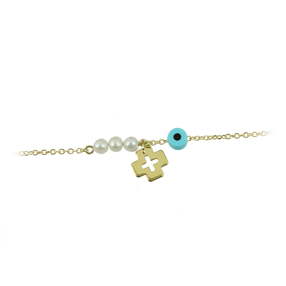 Bracelet Cross Yellow gold K14 with pearls and eye motif Code 009364