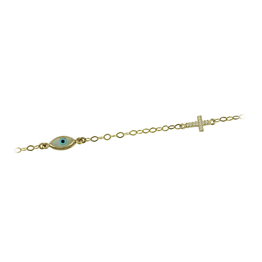 Bracelet for baby Cross and eye motif Yellow gold K14 with semiprecious crystals Code 009541