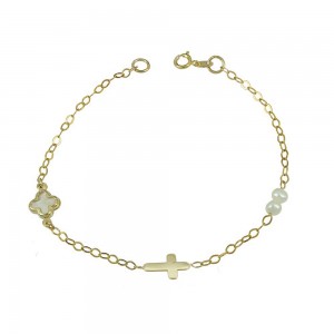 Bracelet for baby Cross Yellow gold K14 with mother of pearl and pearls Code 009555