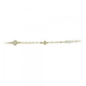 Bracelet for baby Cross Yellow gold K14 with mother of pearl and pearls Code 009555